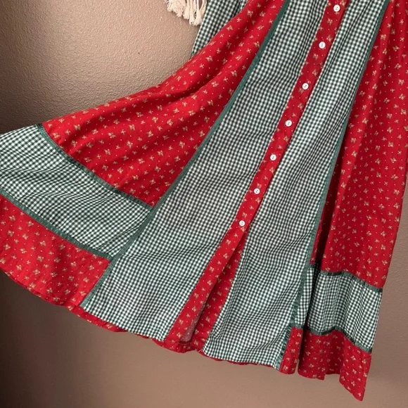 Vintage Gunne Sax Prairie dress Red Green Gingham Floral - Picture 7 of 13